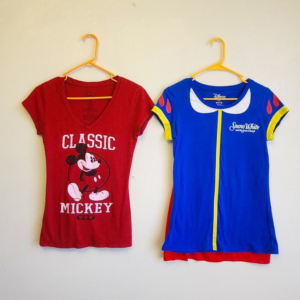 Disney Set of 2 Tshirts, Red Classic Mickey Mouse and Blue Snow White Womens Siz
